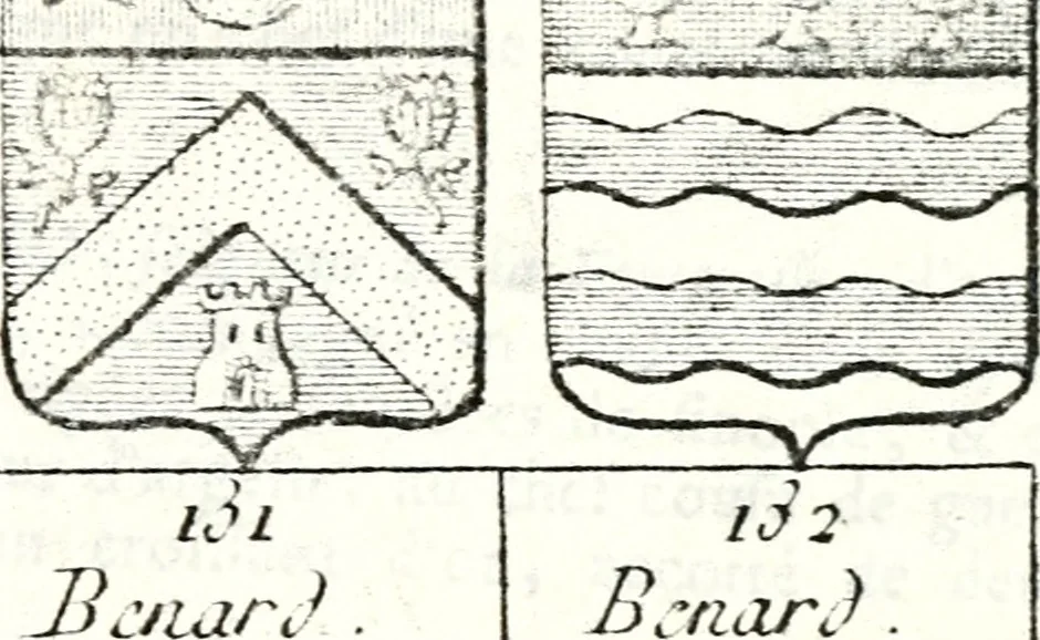 An illustration from Armorial des principales maisons et familles du royaume, particulierement des celles de Paris et de l'Isle de France : contenant les armes des princes, seigneurs, grands officiers de la couronne & de la maison du roi, celles des cours souveraines, &c. avec l'explication de tous les blasons, 1757, leaf 174