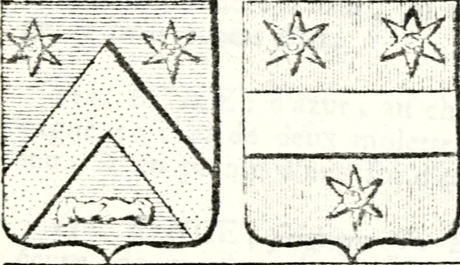 An illustration from Armorial des principales maisons et familles du royaume, particulierement des celles de Paris et de l'Isle de France : contenant les armes des princes, seigneurs, grands officiers de la couronne & de la maison du roi, celles des cours souveraines, &c. avec l'explication de tous les blasons, 1757, leaf 174