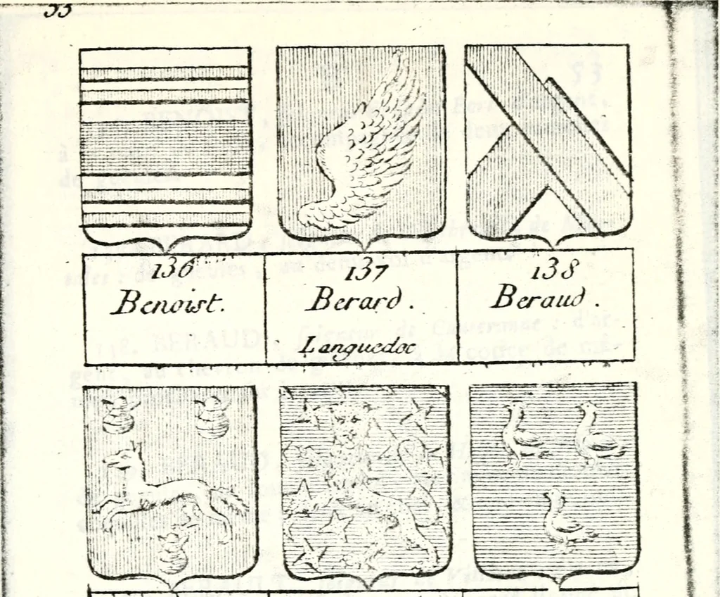 An illustration from Armorial des principales maisons et familles du royaume, particulierement des celles de Paris et de l'Isle de France : contenant les armes des princes, seigneurs, grands officiers de la couronne & de la maison du roi, celles des cours souveraines, &c. avec l'explication de tous les blasons, 1757, leaf 178