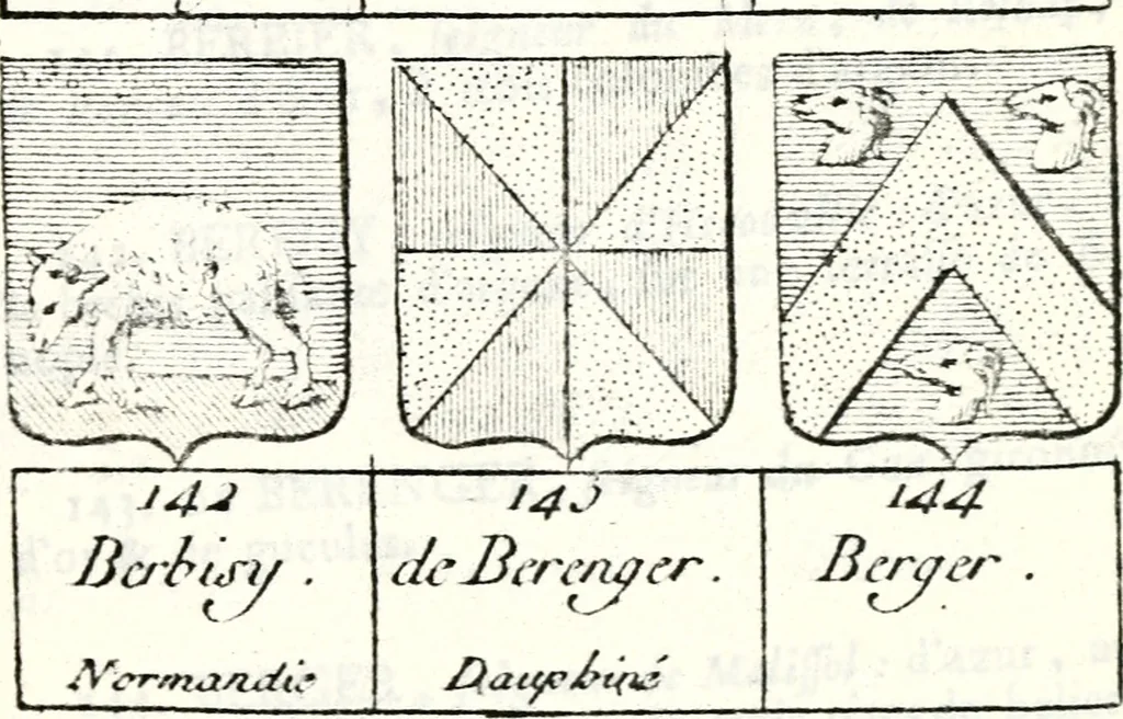 An illustration from Armorial des principales maisons et familles du royaume, particulierement des celles de Paris et de l'Isle de France : contenant les armes des princes, seigneurs, grands officiers de la couronne & de la maison du roi, celles des cours souveraines, &c. avec l'explication de tous les blasons, 1757, leaf 178