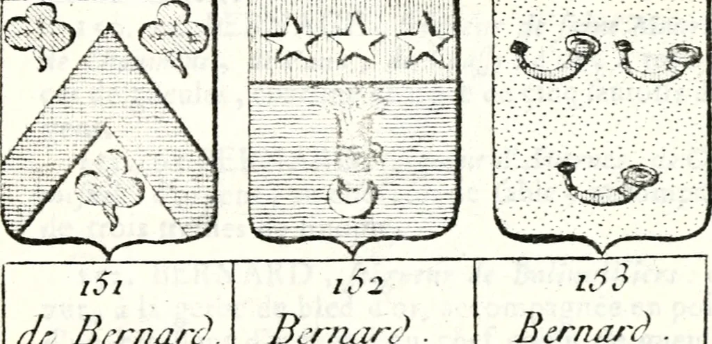 An illustration from Armorial des principales maisons et familles du royaume, particulierement des celles de Paris et de l'Isle de France : contenant les armes des princes, seigneurs, grands officiers de la couronne & de la maison du roi, celles des cours souveraines, &c. avec l'explication de tous les blasons, 1757, leaf 182