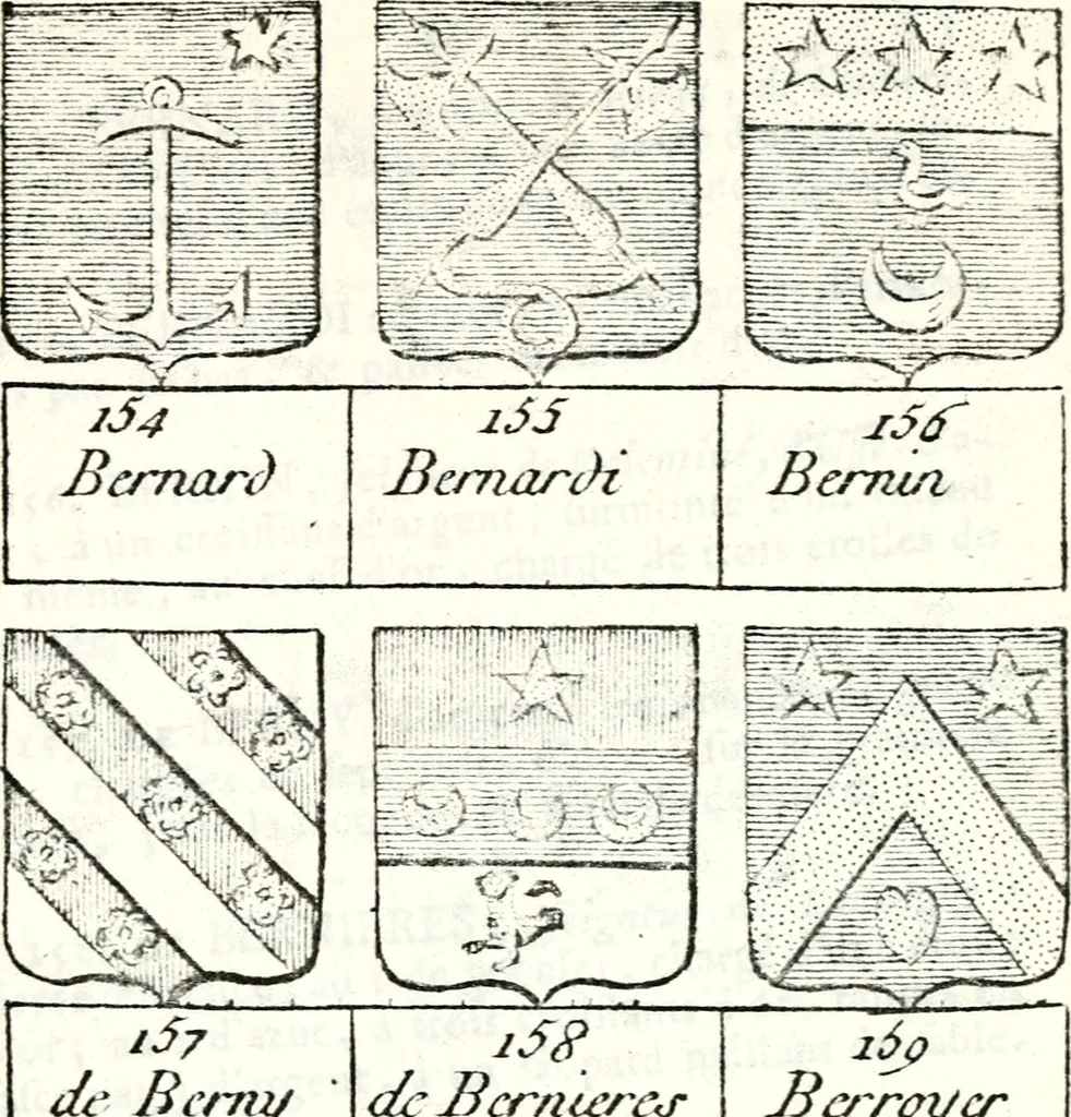 An illustration from Armorial des principales maisons et familles du royaume, particulierement des celles de Paris et de l'Isle de France : contenant les armes des princes, seigneurs, grands officiers de la couronne & de la maison du roi, celles des cours souveraines, &c. avec l'explication de tous les blasons, 1757, leaf 186
