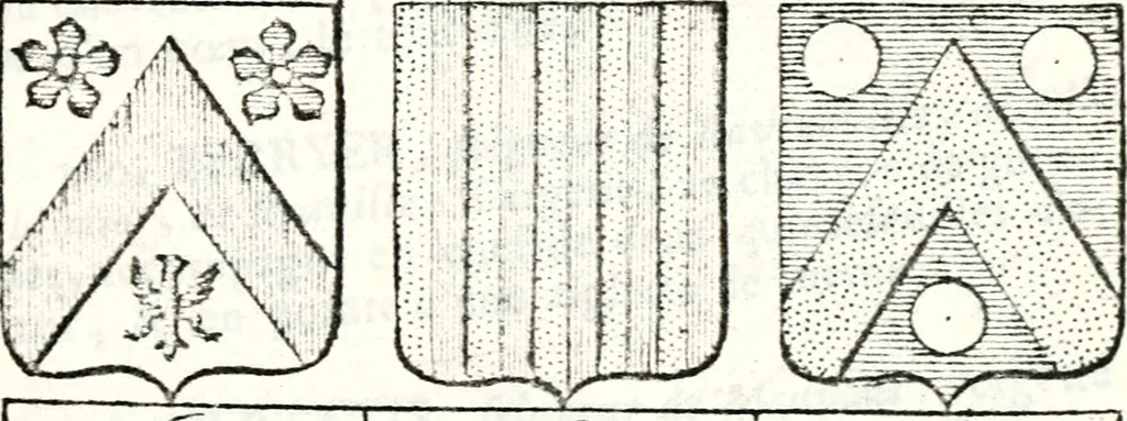 An illustration from Armorial des principales maisons et familles du royaume, particulierement des celles de Paris et de l'Isle de France : contenant les armes des princes, seigneurs, grands officiers de la couronne & de la maison du roi, celles des cours souveraines, &c. avec l'explication de tous les blasons, 1757, leaf 186