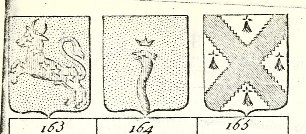 An illustration from Armorial des principales maisons et familles du royaume, particulierement des celles de Paris et de l'Isle de France : contenant les armes des princes, seigneurs, grands officiers de la couronne & de la maison du roi, celles des cours souveraines, &c. avec l'explication de tous les blasons, 1757, leaf 190