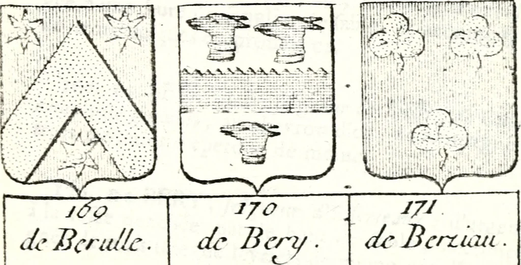 An illustration from Armorial des principales maisons et familles du royaume, particulierement des celles de Paris et de l'Isle de France : contenant les armes des princes, seigneurs, grands officiers de la couronne & de la maison du roi, celles des cours souveraines, &c. avec l'explication de tous les blasons, 1757, leaf 190
