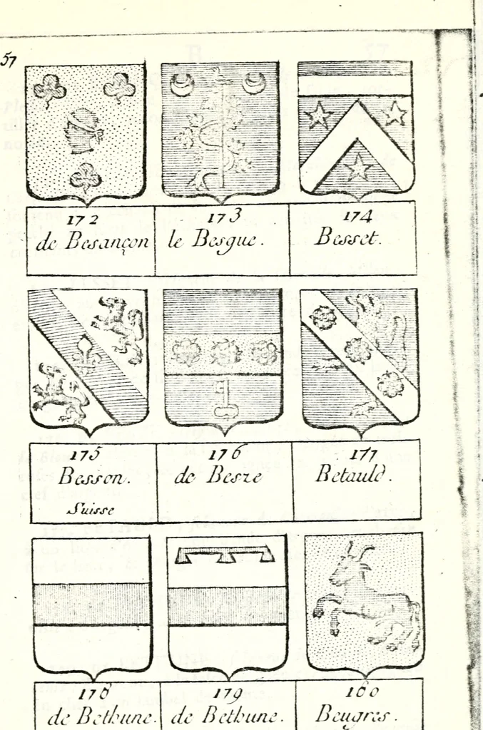 An illustration from Armorial des principales maisons et familles du royaume, particulierement des celles de Paris et de l'Isle de France : contenant les armes des princes, seigneurs, grands officiers de la couronne & de la maison du roi, celles des cours souveraines, &c. avec l'explication de tous les blasons, 1757, leaf 194