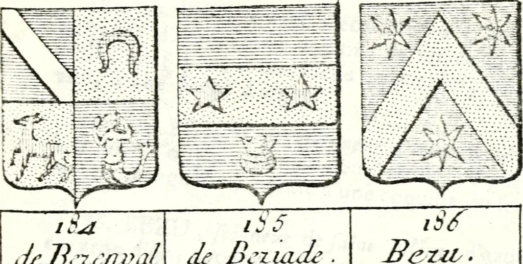 An illustration from Armorial des principales maisons et familles du royaume, particulierement des celles de Paris et de l'Isle de France : contenant les armes des princes, seigneurs, grands officiers de la couronne & de la maison du roi, celles des cours souveraines, &c. avec l'explication de tous les blasons, 1757, leaf 198