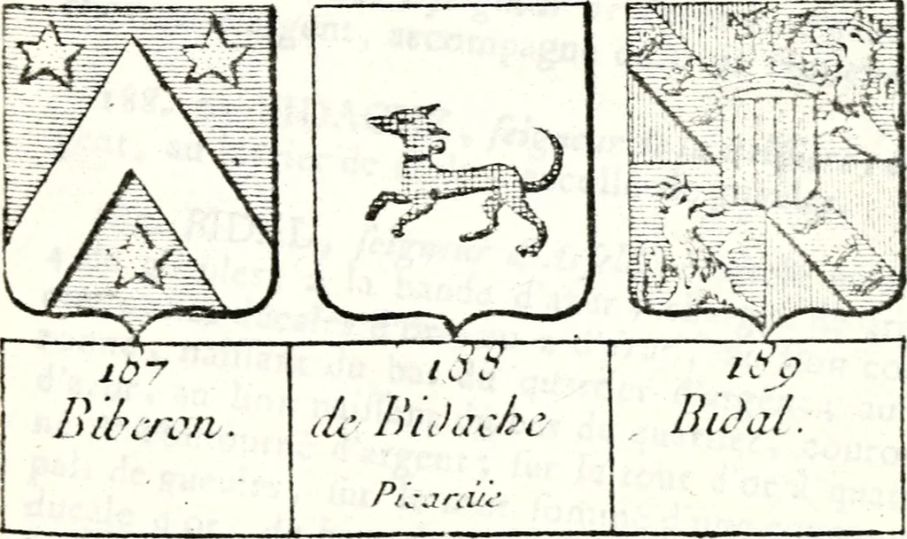 An illustration from Armorial des principales maisons et familles du royaume, particulierement des celles de Paris et de l'Isle de France : contenant les armes des princes, seigneurs, grands officiers de la couronne & de la maison du roi, celles des cours souveraines, &c. avec l'explication de tous les blasons, 1757, leaf 198