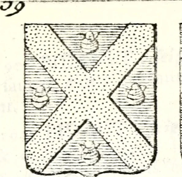 An illustration from Armorial des principales maisons et familles du royaume, particulierement des celles de Paris et de l'Isle de France : contenant les armes des princes, seigneurs, grands officiers de la couronne & de la maison du roi, celles des cours souveraines, &c. avec l'explication de tous les blasons, 1757, leaf 202