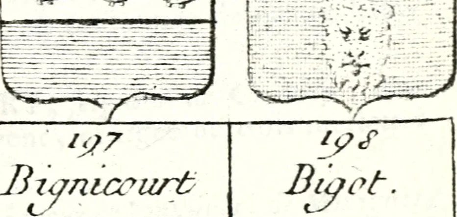 An illustration from Armorial des principales maisons et familles du royaume, particulierement des celles de Paris et de l'Isle de France : contenant les armes des princes, seigneurs, grands officiers de la couronne & de la maison du roi, celles des cours souveraines, &c. avec l'explication de tous les blasons, 1757, leaf 202