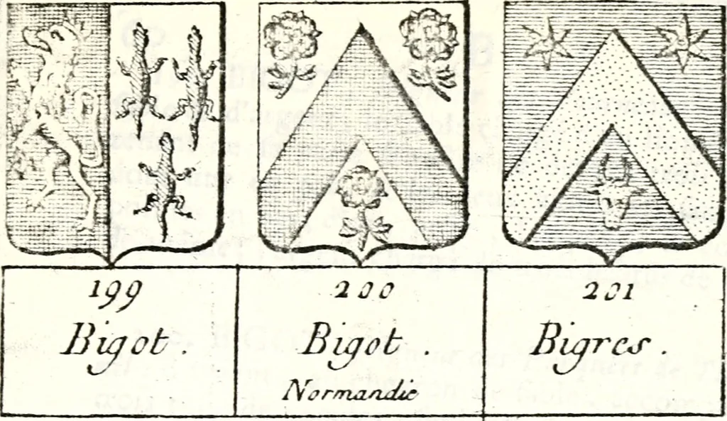 An illustration from Armorial des principales maisons et familles du royaume, particulierement des celles de Paris et de l'Isle de France : contenant les armes des princes, seigneurs, grands officiers de la couronne & de la maison du roi, celles des cours souveraines, &c. avec l'explication de tous les blasons, 1757, leaf 206