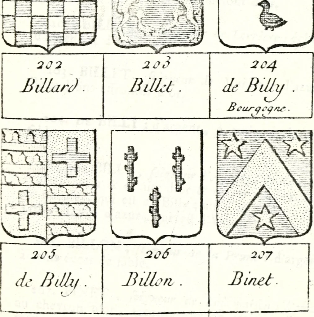 An illustration from Armorial des principales maisons et familles du royaume, particulierement des celles de Paris et de l'Isle de France : contenant les armes des princes, seigneurs, grands officiers de la couronne & de la maison du roi, celles des cours souveraines, &c. avec l'explication de tous les blasons, 1757, leaf 206