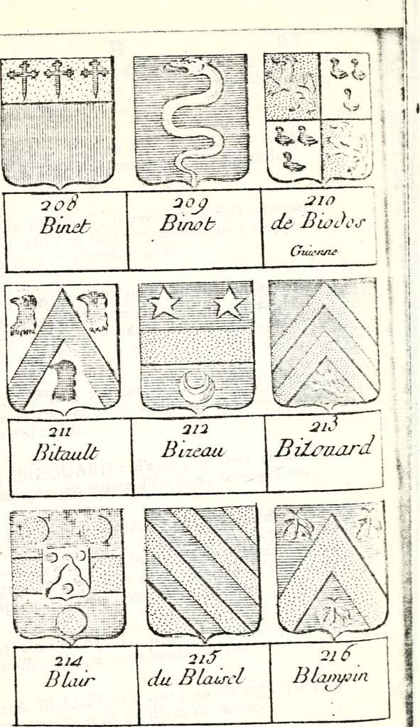 An illustration from Armorial des principales maisons et familles du royaume, particulierement des celles de Paris et de l'Isle de France : contenant les armes des princes, seigneurs, grands officiers de la couronne & de la maison du roi, celles des cours souveraines, &c. avec l'explication de tous les blasons, 1757, leaf 210