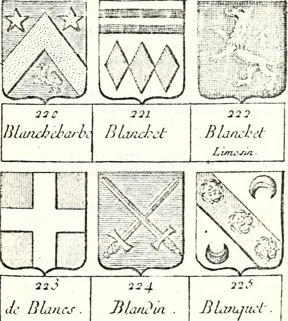 An illustration from Armorial des principales maisons et familles du royaume, particulierement des celles de Paris et de l'Isle de France : contenant les armes des princes, seigneurs, grands officiers de la couronne & de la maison du roi, celles des cours souveraines, &c. avec l'explication de tous les blasons, 1757, leaf 214