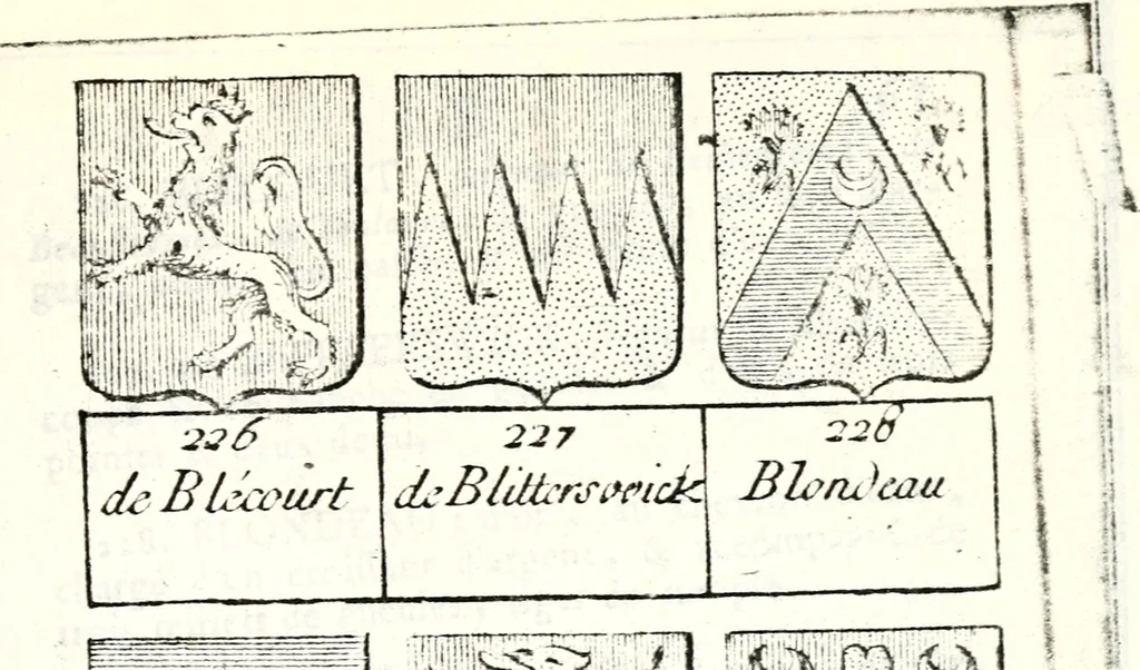 An illustration from Armorial des principales maisons et familles du royaume, particulierement des celles de Paris et de l'Isle de France : contenant les armes des princes, seigneurs, grands officiers de la couronne & de la maison du roi, celles des cours souveraines, &c. avec l'explication de tous les blasons, 1757, leaf 218
