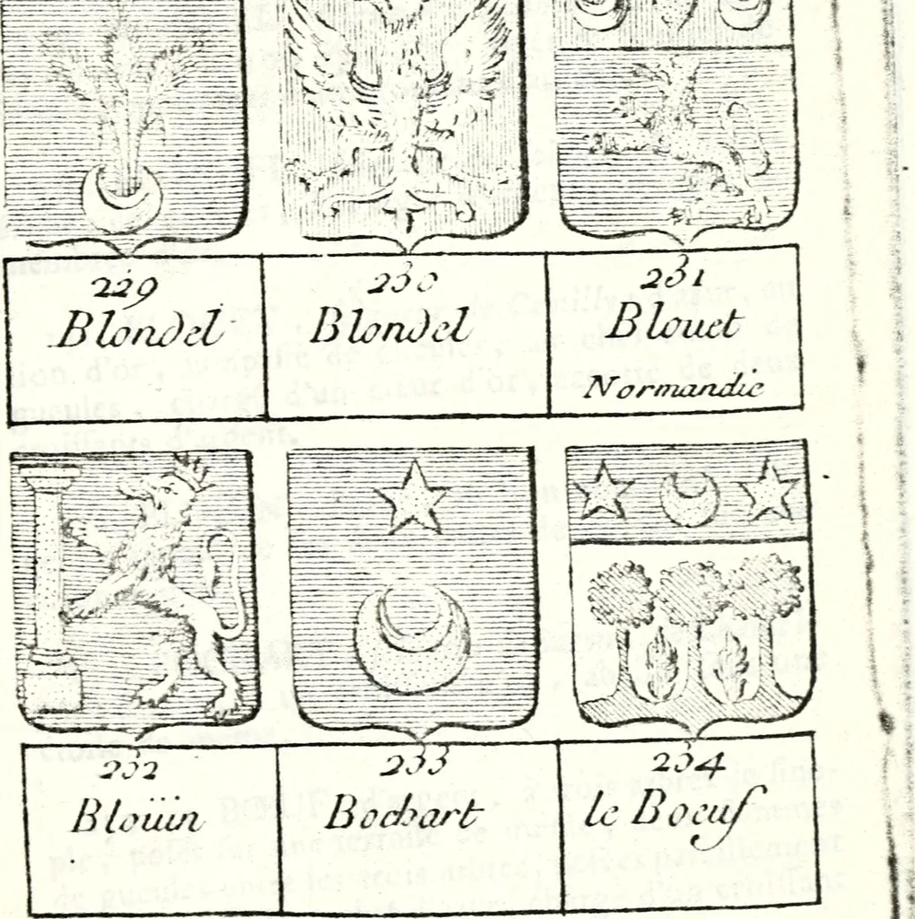 An illustration from Armorial des principales maisons et familles du royaume, particulierement des celles de Paris et de l'Isle de France : contenant les armes des princes, seigneurs, grands officiers de la couronne & de la maison du roi, celles des cours souveraines, &c. avec l'explication de tous les blasons, 1757, leaf 218