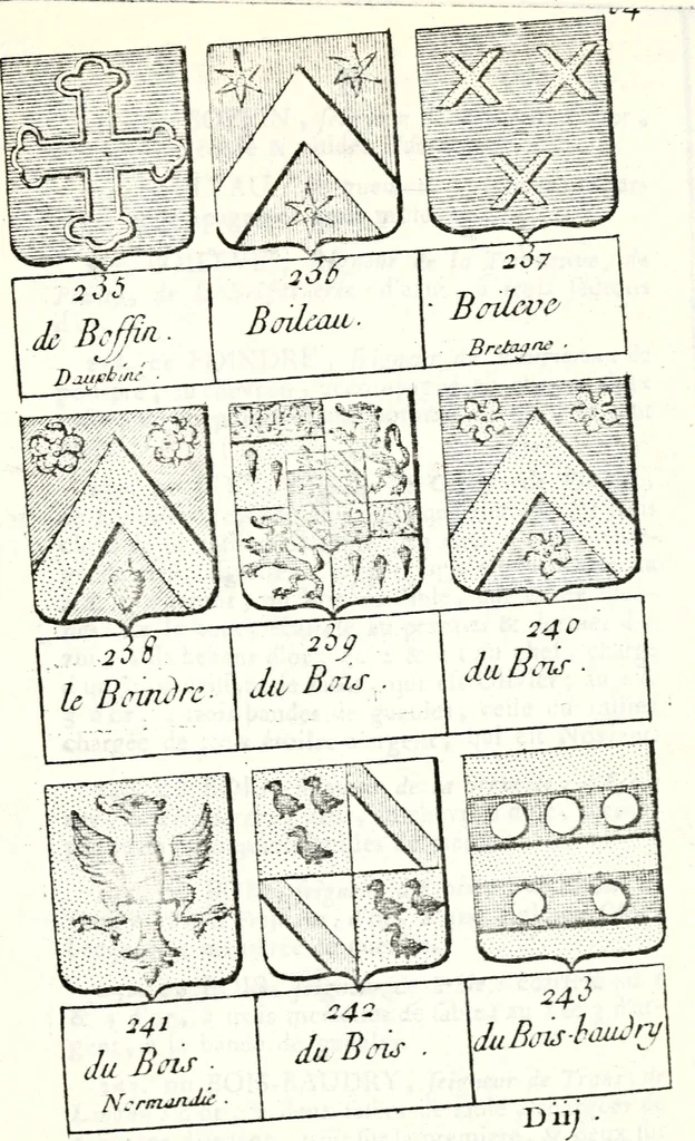 An illustration from Armorial des principales maisons et familles du royaume, particulierement des celles de Paris et de l'Isle de France : contenant les armes des princes, seigneurs, grands officiers de la couronne & de la maison du roi, celles des cours souveraines, &c. avec l'explication de tous les blasons, 1757, leaf 222