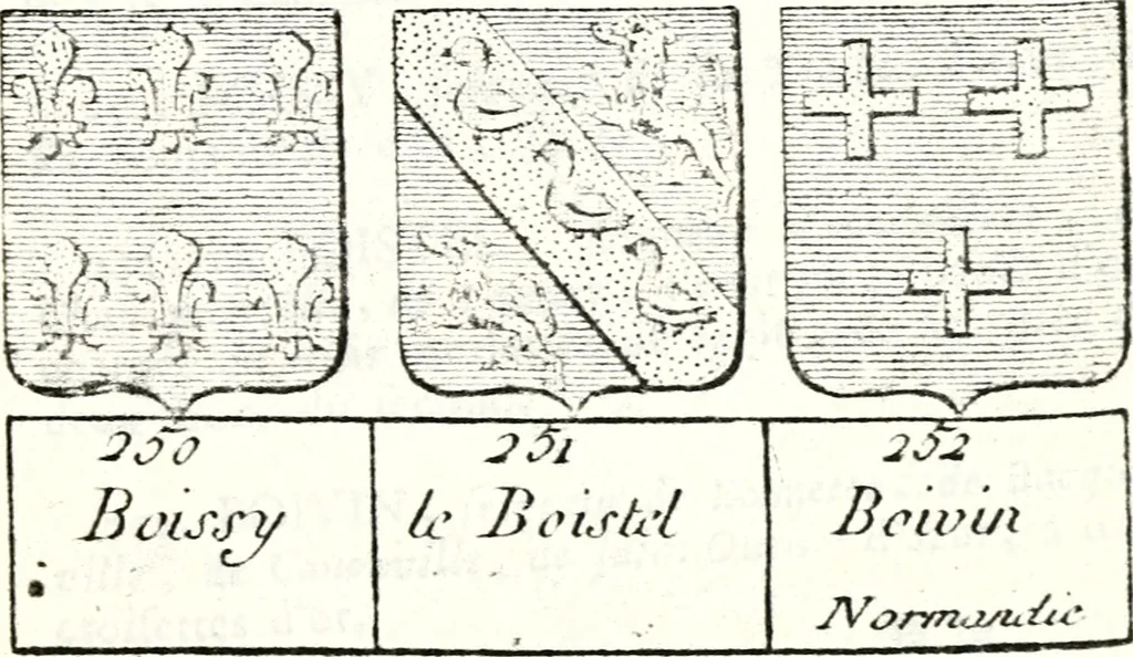 An illustration from Armorial des principales maisons et familles du royaume, particulierement des celles de Paris et de l'Isle de France : contenant les armes des princes, seigneurs, grands officiers de la couronne & de la maison du roi, celles des cours souveraines, &c. avec l'explication de tous les blasons, 1757, leaf 226