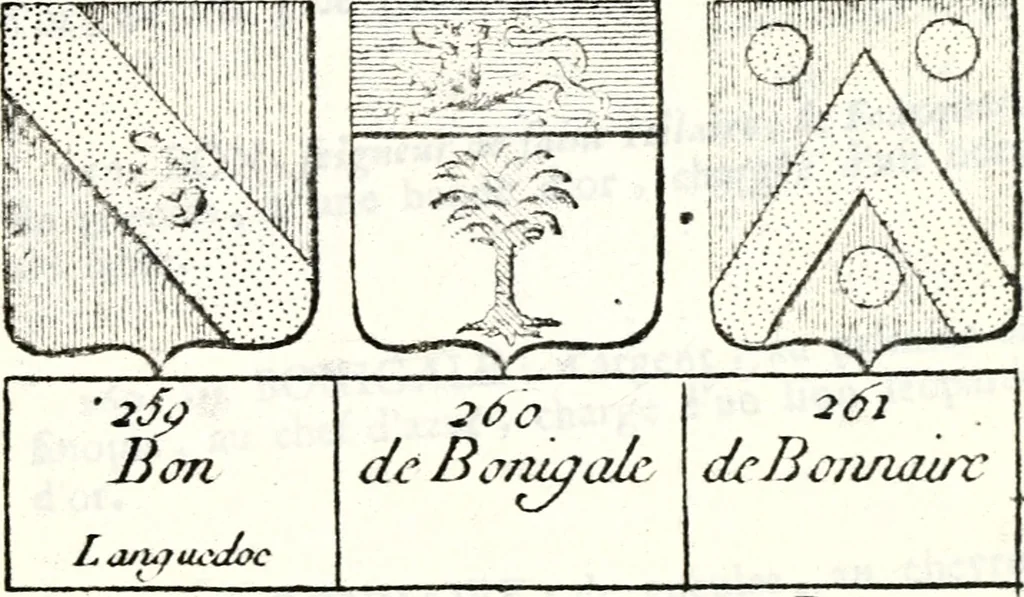 An illustration from Armorial des principales maisons et familles du royaume, particulierement des celles de Paris et de l'Isle de France : contenant les armes des princes, seigneurs, grands officiers de la couronne & de la maison du roi, celles des cours souveraines, &c. avec l'explication de tous les blasons, 1757, leaf 230