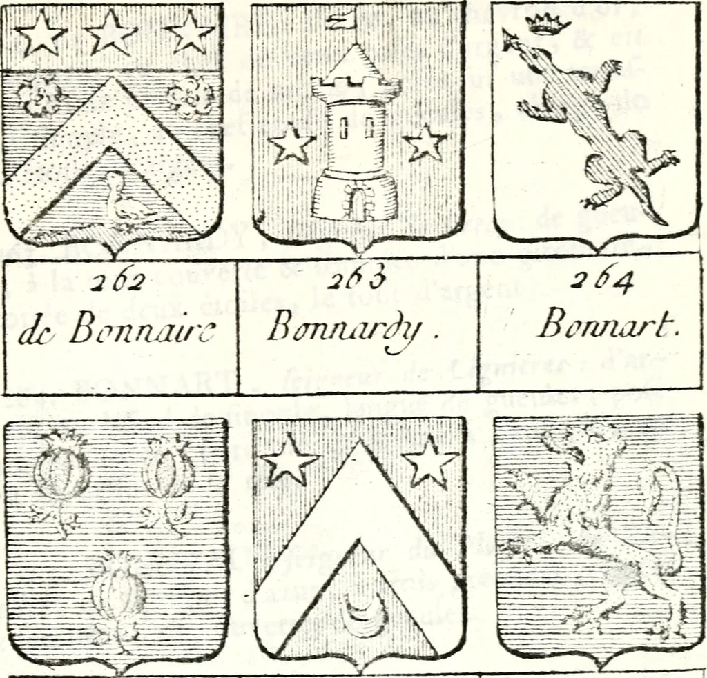 An illustration from Armorial des principales maisons et familles du royaume, particulierement des celles de Paris et de l'Isle de France : contenant les armes des princes, seigneurs, grands officiers de la couronne & de la maison du roi, celles des cours souveraines, &c. avec l'explication de tous les blasons, 1757, leaf 234