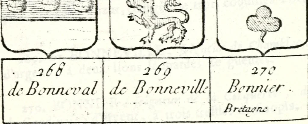 An illustration from Armorial des principales maisons et familles du royaume, particulierement des celles de Paris et de l'Isle de France : contenant les armes des princes, seigneurs, grands officiers de la couronne & de la maison du roi, celles des cours souveraines, &c. avec l'explication de tous les blasons, 1757, leaf 234