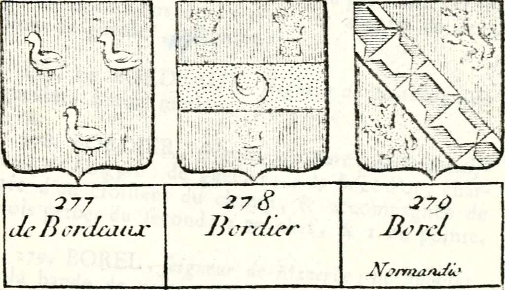 An illustration from Armorial des principales maisons et familles du royaume, particulierement des celles de Paris et de l'Isle de France : contenant les armes des princes, seigneurs, grands officiers de la couronne & de la maison du roi, celles des cours souveraines, &c. avec l'explication de tous les blasons, 1757, leaf 238