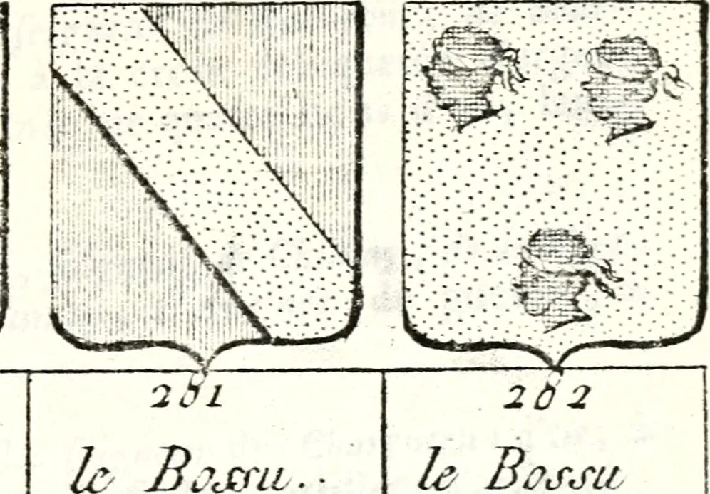 An illustration from Armorial des principales maisons et familles du royaume, particulierement des celles de Paris et de l'Isle de France : contenant les armes des princes, seigneurs, grands officiers de la couronne & de la maison du roi, celles des cours souveraines, &c. avec l'explication de tous les blasons, 1757, leaf 242