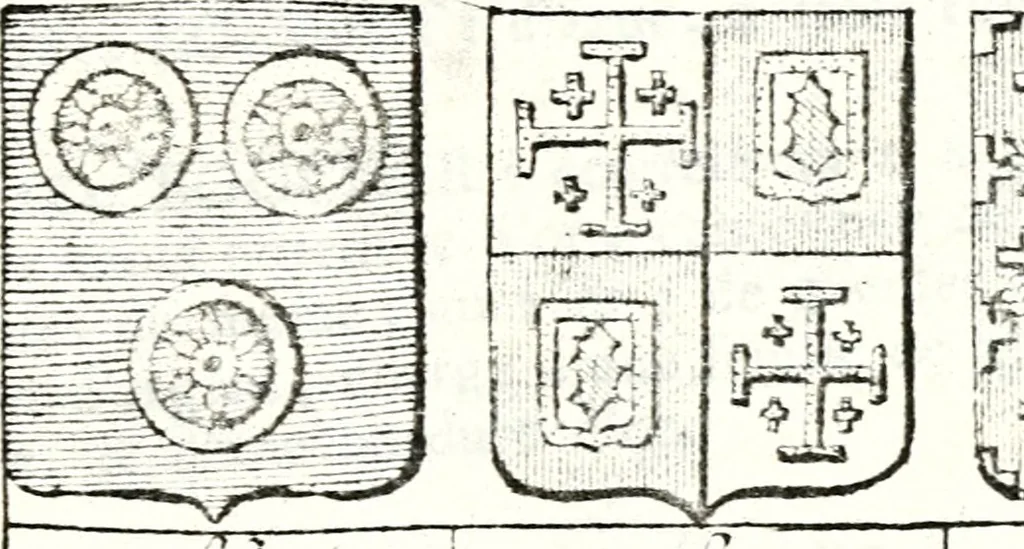 An illustration from Armorial des principales maisons et familles du royaume, particulierement des celles de Paris et de l'Isle de France : contenant les armes des princes, seigneurs, grands officiers de la couronne & de la maison du roi, celles des cours souveraines, &c. avec l'explication de tous les blasons, 1757, leaf 242