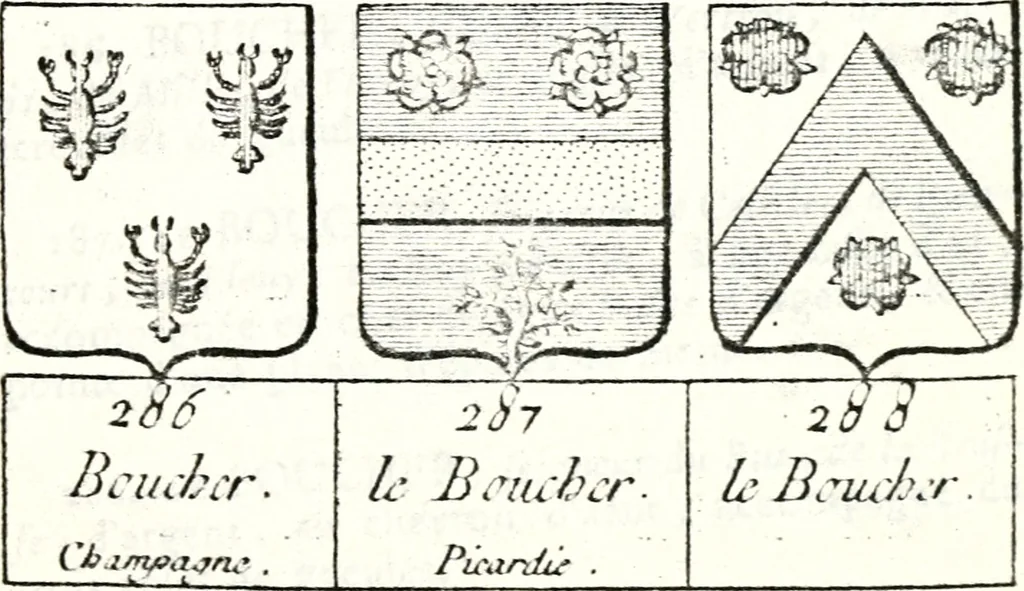 An illustration from Armorial des principales maisons et familles du royaume, particulierement des celles de Paris et de l'Isle de France : contenant les armes des princes, seigneurs, grands officiers de la couronne & de la maison du roi, celles des cours souveraines, &c. avec l'explication de tous les blasons, 1757, leaf 242