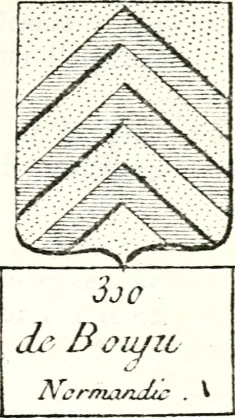 An illustration from Armorial des principales maisons et familles du royaume, particulierement des celles de Paris et de l'Isle de France : contenant les armes des princes, seigneurs, grands officiers de la couronne & de la maison du roi, celles des cours souveraines, &c. avec l'explication de tous les blasons, 1757, leaf 250