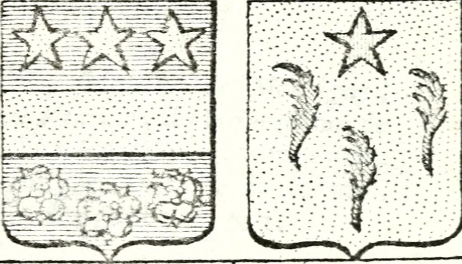 An illustration from Armorial des principales maisons et familles du royaume, particulierement des celles de Paris et de l'Isle de France : contenant les armes des princes, seigneurs, grands officiers de la couronne & de la maison du roi, celles des cours souveraines, &c. avec l'explication de tous les blasons, 1757, leaf 250