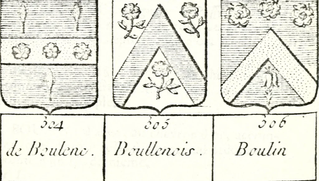An illustration from Armorial des principales maisons et familles du royaume, particulierement des celles de Paris et de l'Isle de France : contenant les armes des princes, seigneurs, grands officiers de la couronne & de la maison du roi, celles des cours souveraines, &c. avec l'explication de tous les blasons, 1757, leaf 250