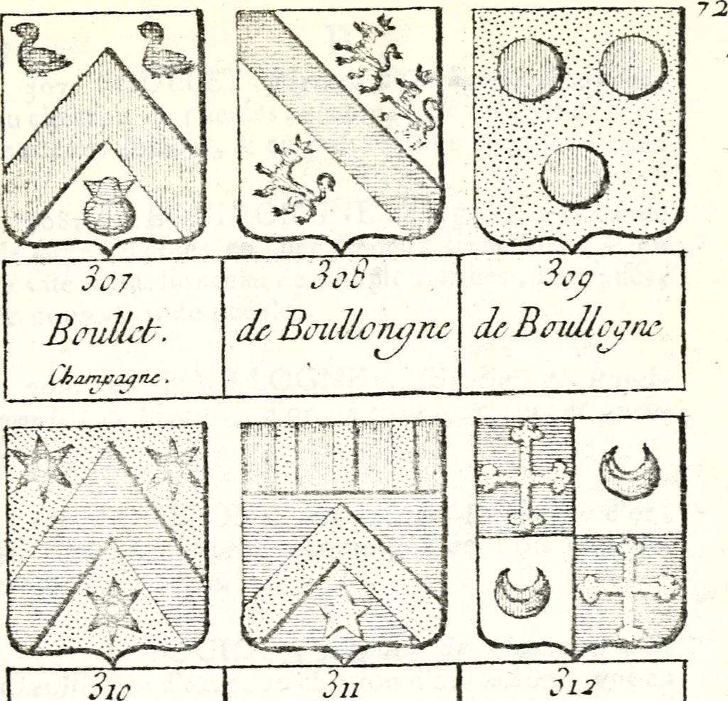 An illustration from Armorial des principales maisons et familles du royaume, particulierement des celles de Paris et de l'Isle de France : contenant les armes des princes, seigneurs, grands officiers de la couronne & de la maison du roi, celles des cours souveraines, &c. avec l'explication de tous les blasons, 1757, leaf 254