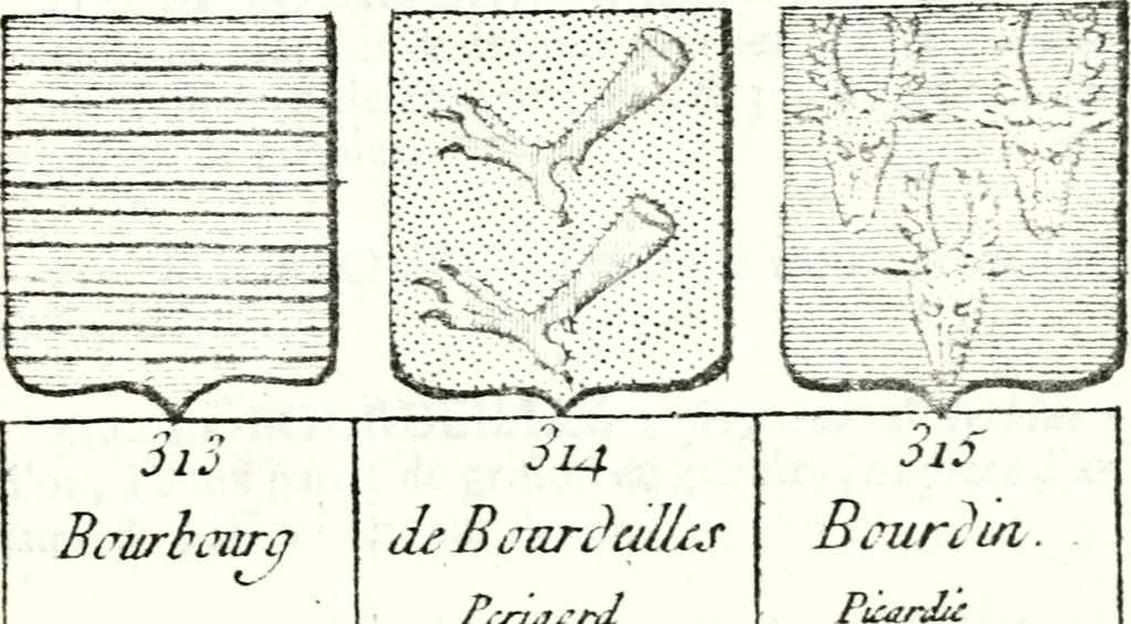 An illustration from Armorial des principales maisons et familles du royaume, particulierement des celles de Paris et de l'Isle de France : contenant les armes des princes, seigneurs, grands officiers de la couronne & de la maison du roi, celles des cours souveraines, &c. avec l'explication de tous les blasons, 1757, leaf 254