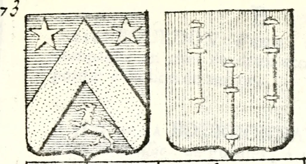 An illustration from Armorial des principales maisons et familles du royaume, particulierement des celles de Paris et de l'Isle de France : contenant les armes des princes, seigneurs, grands officiers de la couronne & de la maison du roi, celles des cours souveraines, &c. avec l'explication de tous les blasons, 1757, leaf 258