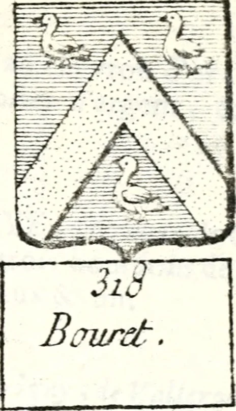 An illustration from Armorial des principales maisons et familles du royaume, particulierement des celles de Paris et de l'Isle de France : contenant les armes des princes, seigneurs, grands officiers de la couronne & de la maison du roi, celles des cours souveraines, &c. avec l'explication de tous les blasons, 1757, leaf 258
