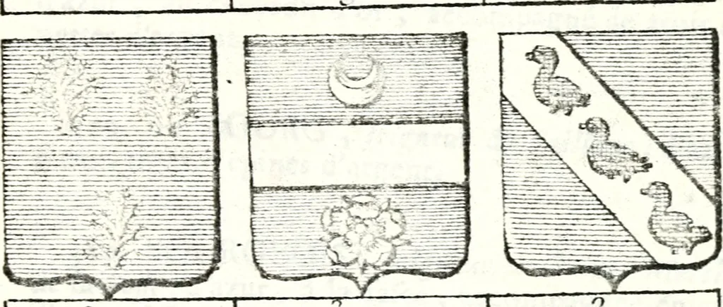 An illustration from Armorial des principales maisons et familles du royaume, particulierement des celles de Paris et de l'Isle de France : contenant les armes des princes, seigneurs, grands officiers de la couronne & de la maison du roi, celles des cours souveraines, &c. avec l'explication de tous les blasons, 1757, leaf 258