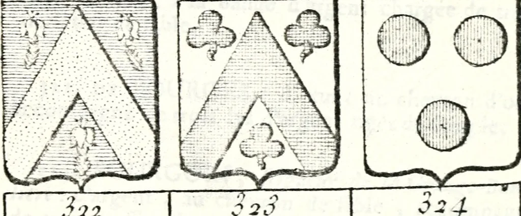 An illustration from Armorial des principales maisons et familles du royaume, particulierement des celles de Paris et de l'Isle de France : contenant les armes des princes, seigneurs, grands officiers de la couronne & de la maison du roi, celles des cours souveraines, &c. avec l'explication de tous les blasons, 1757, leaf 258