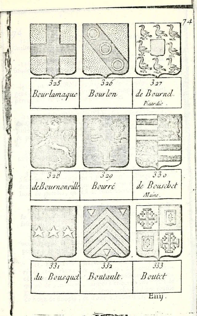 An illustration from Armorial des principales maisons et familles du royaume, particulierement des celles de Paris et de l'Isle de France : contenant les armes des princes, seigneurs, grands officiers de la couronne & de la maison du roi, celles des cours souveraines, &c. avec l'explication de tous les blasons, 1757, leaf 262