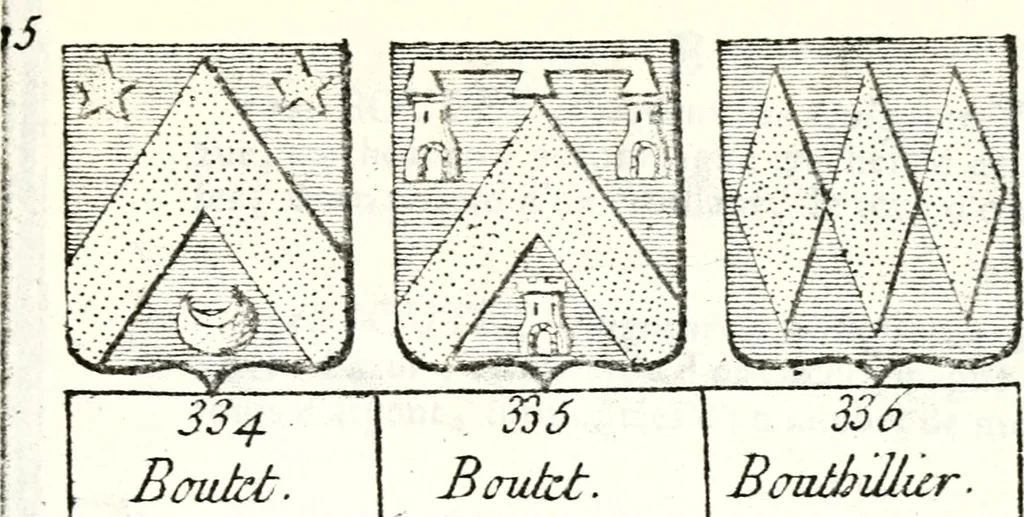 An illustration from Armorial des principales maisons et familles du royaume, particulierement des celles de Paris et de l'Isle de France : contenant les armes des princes, seigneurs, grands officiers de la couronne & de la maison du roi, celles des cours souveraines, &c. avec l'explication de tous les blasons, 1757, leaf 266