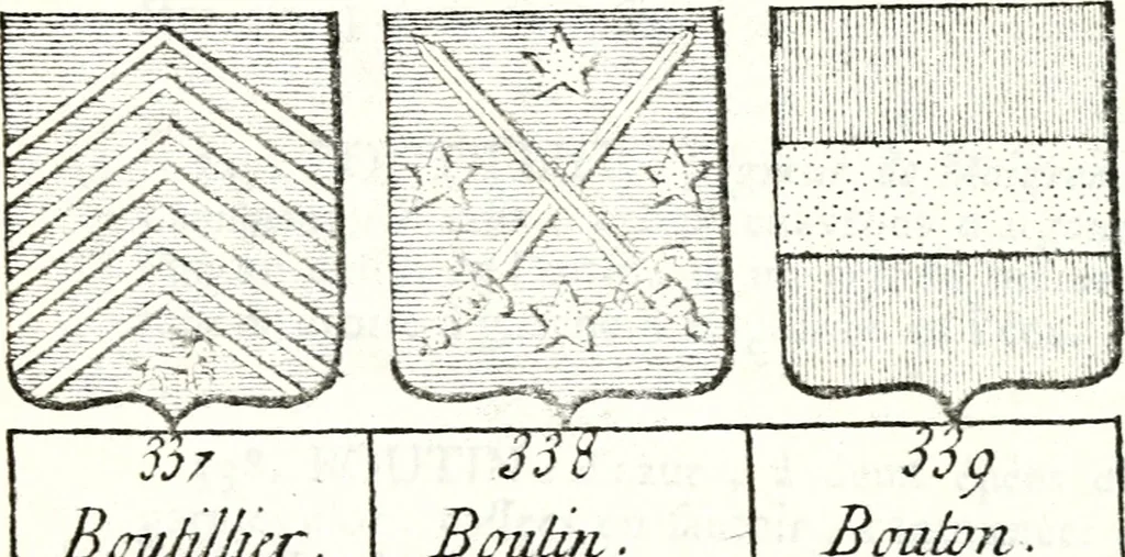 An illustration from Armorial des principales maisons et familles du royaume, particulierement des celles de Paris et de l'Isle de France : contenant les armes des princes, seigneurs, grands officiers de la couronne & de la maison du roi, celles des cours souveraines, &c. avec l'explication de tous les blasons, 1757, leaf 266