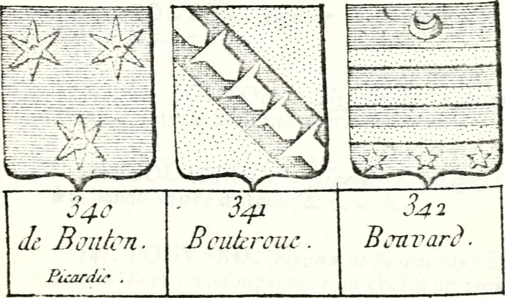 An illustration from Armorial des principales maisons et familles du royaume, particulierement des celles de Paris et de l'Isle de France : contenant les armes des princes, seigneurs, grands officiers de la couronne & de la maison du roi, celles des cours souveraines, &c. avec l'explication de tous les blasons, 1757, leaf 266