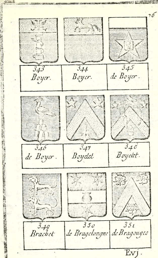 An illustration from Armorial des principales maisons et familles du royaume, particulierement des celles de Paris et de l'Isle de France : contenant les armes des princes, seigneurs, grands officiers de la couronne & de la maison du roi, celles des cours souveraines, &c. avec l'explication de tous les blasons, 1757, leaf 270