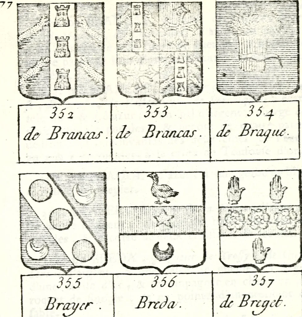 An illustration from Armorial des principales maisons et familles du royaume, particulierement des celles de Paris et de l'Isle de France : contenant les armes des princes, seigneurs, grands officiers de la couronne & de la maison du roi, celles des cours souveraines, &c. avec l'explication de tous les blasons, 1757, leaf 274