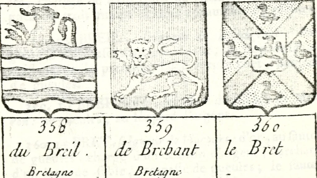 An illustration from Armorial des principales maisons et familles du royaume, particulierement des celles de Paris et de l'Isle de France : contenant les armes des princes, seigneurs, grands officiers de la couronne & de la maison du roi, celles des cours souveraines, &c. avec l'explication de tous les blasons, 1757, leaf 274