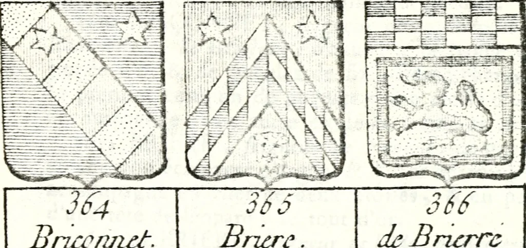 An illustration from Armorial des principales maisons et familles du royaume, particulierement des celles de Paris et de l'Isle de France : contenant les armes des princes, seigneurs, grands officiers de la couronne & de la maison du roi, celles des cours souveraines, &c. avec l'explication de tous les blasons, 1757, leaf 278