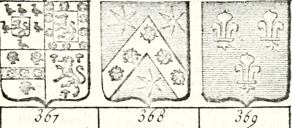 An illustration from Armorial des principales maisons et familles du royaume, particulierement des celles de Paris et de l'Isle de France : contenant les armes des princes, seigneurs, grands officiers de la couronne & de la maison du roi, celles des cours souveraines, &c. avec l'explication de tous les blasons, 1757, leaf 278