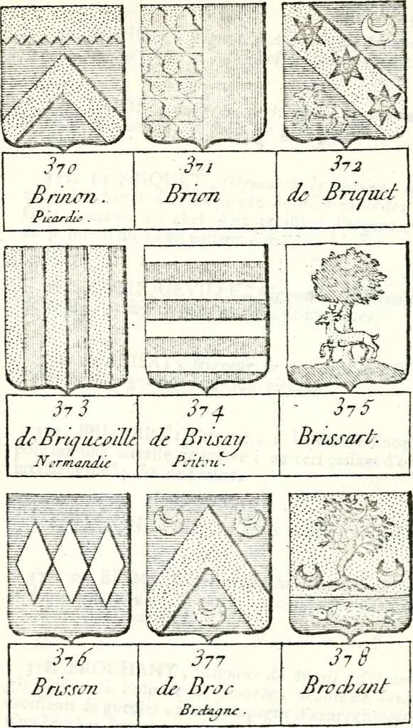 An illustration from Armorial des principales maisons et familles du royaume, particulierement des celles de Paris et de l'Isle de France : contenant les armes des princes, seigneurs, grands officiers de la couronne & de la maison du roi, celles des cours souveraines, &c. avec l'explication de tous les blasons, 1757, leaf 282