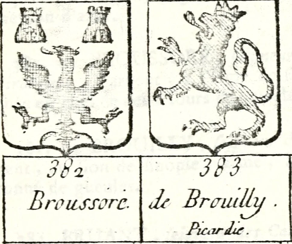 An illustration from Armorial des principales maisons et familles du royaume, particulierement des celles de Paris et de l'Isle de France : contenant les armes des princes, seigneurs, grands officiers de la couronne & de la maison du roi, celles des cours souveraines, &c. avec l'explication de tous les blasons, 1757, leaf 286