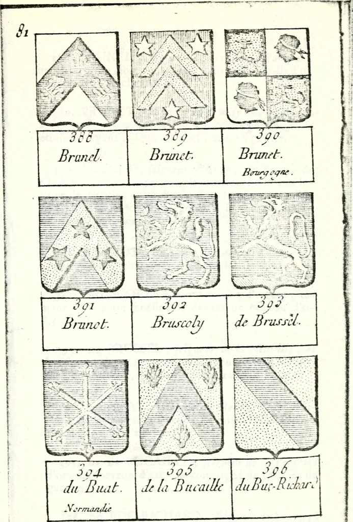 An illustration from Armorial des principales maisons et familles du royaume, particulierement des celles de Paris et de l'Isle de France : contenant les armes des princes, seigneurs, grands officiers de la couronne & de la maison du roi, celles des cours souveraines, &c. avec l'explication de tous les blasons, 1757, leaf 290